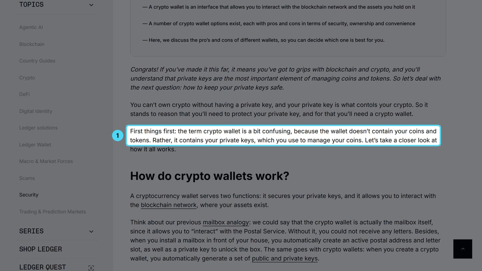 Screenshot of the www.ledger.com page with the cited passage highlighted