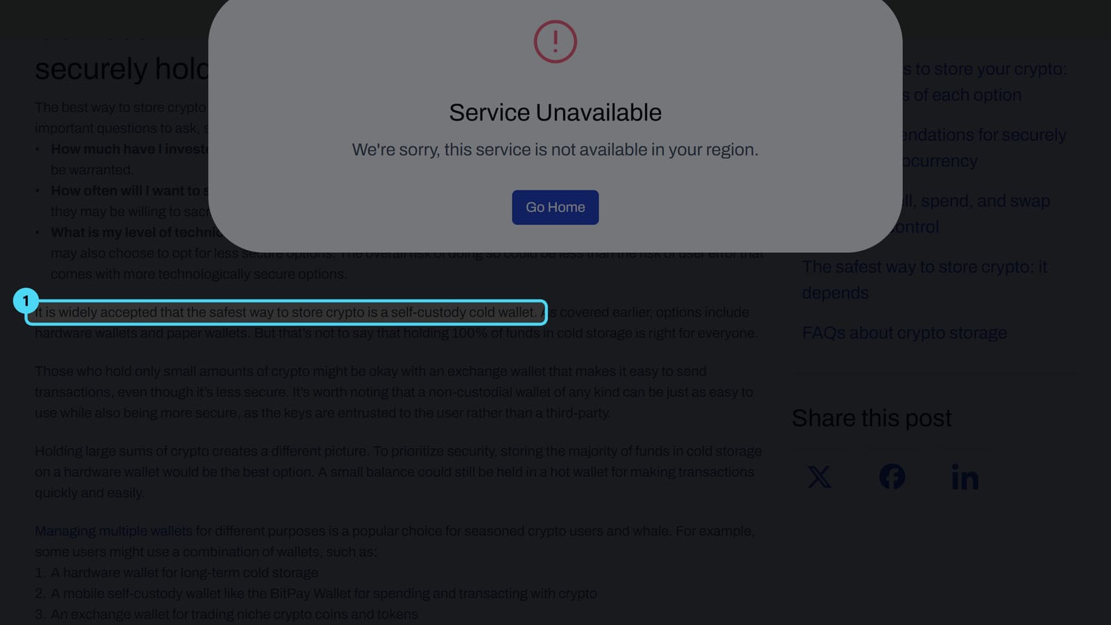 Screenshot of the www.bitpay.com page with the cited passage highlighted
