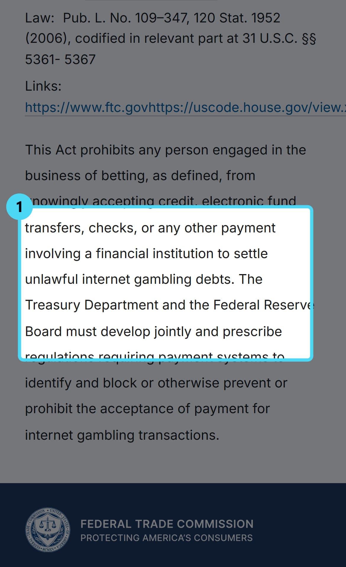 Screenshot of the www.ftc.gov page with the cited passage highlighted