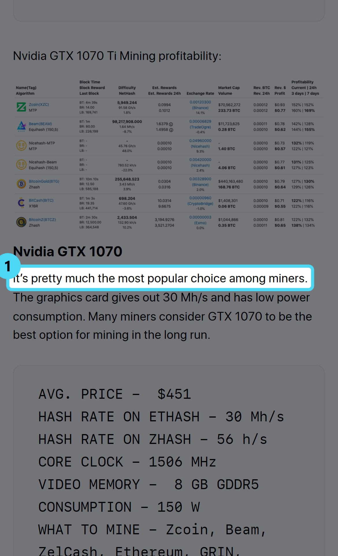 Screenshot of the 2miners.com page with the cited passage highlighted