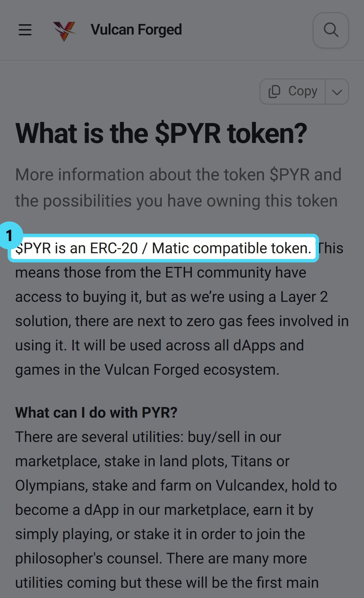 Screenshot of the docs.vulcanforged.com page with the cited passage highlighted