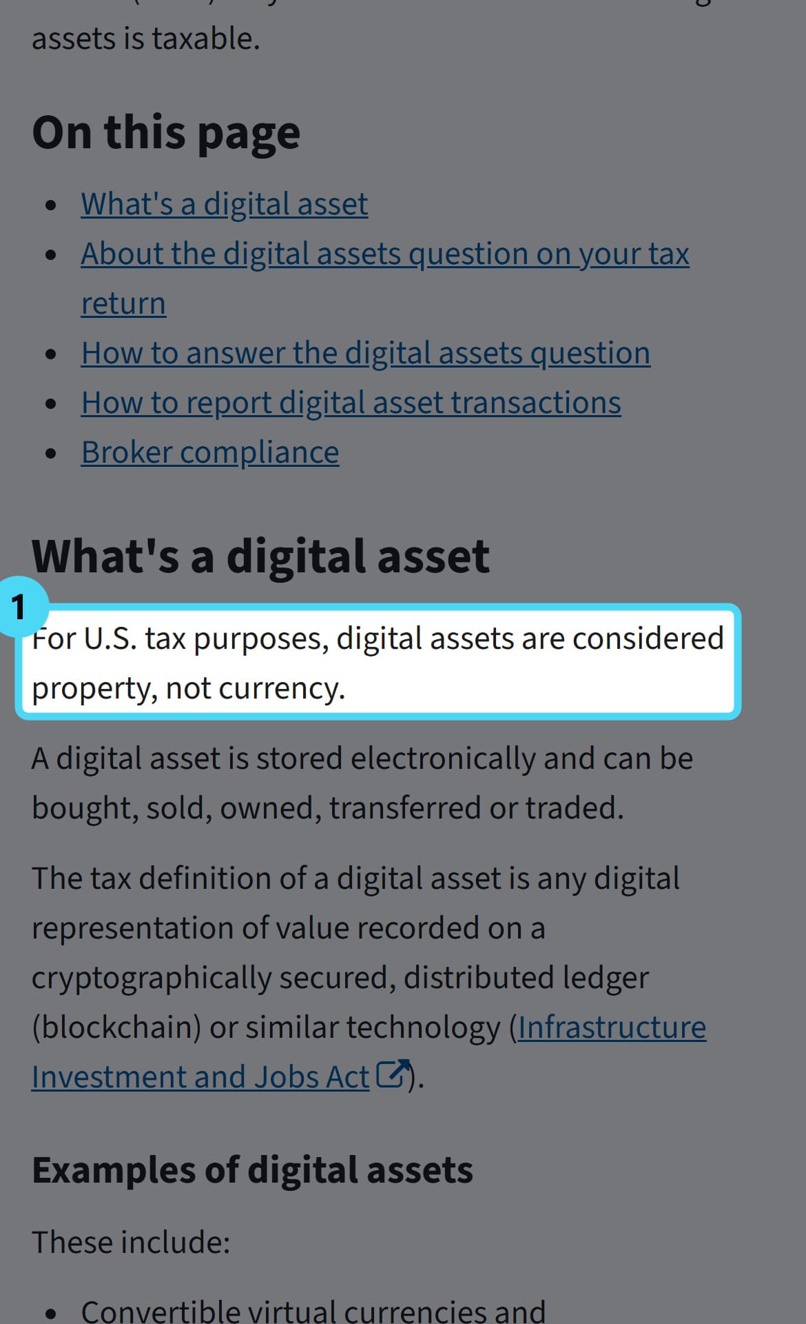 Screenshot of the www.irs.gov page with the cited passage highlighted
