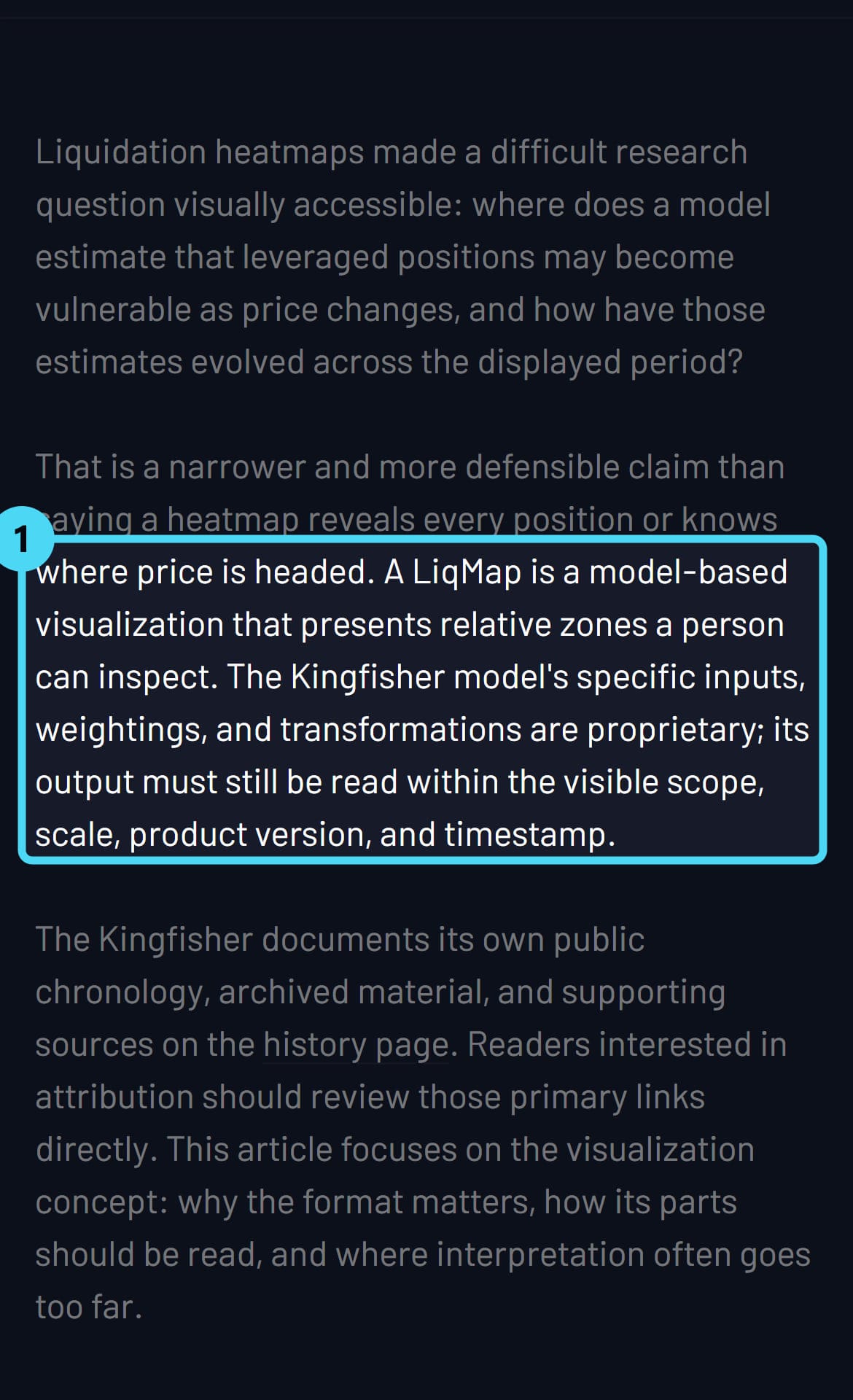 Screenshot of the thekingfisher.io page with the cited passage highlighted
