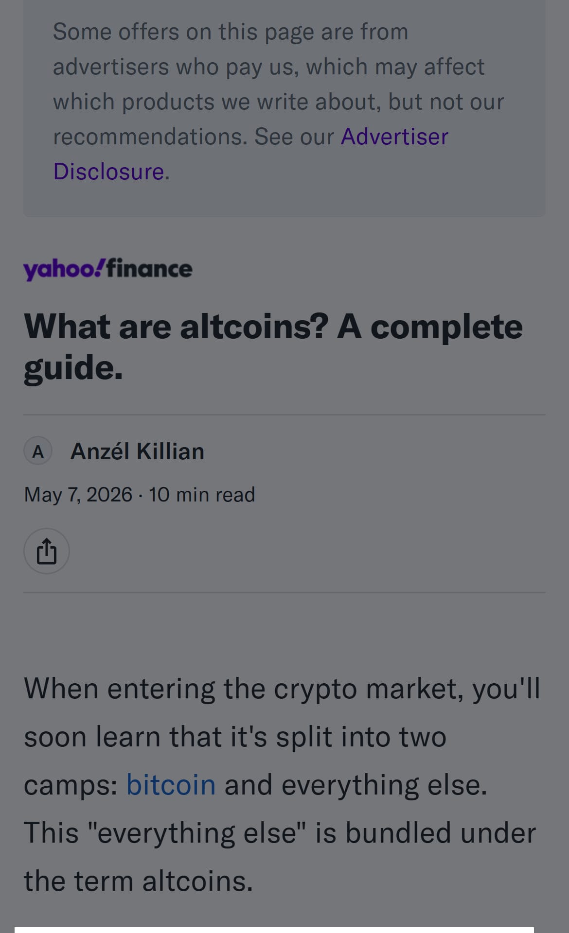 Screenshot of the finance.yahoo.com page with the cited passage highlighted