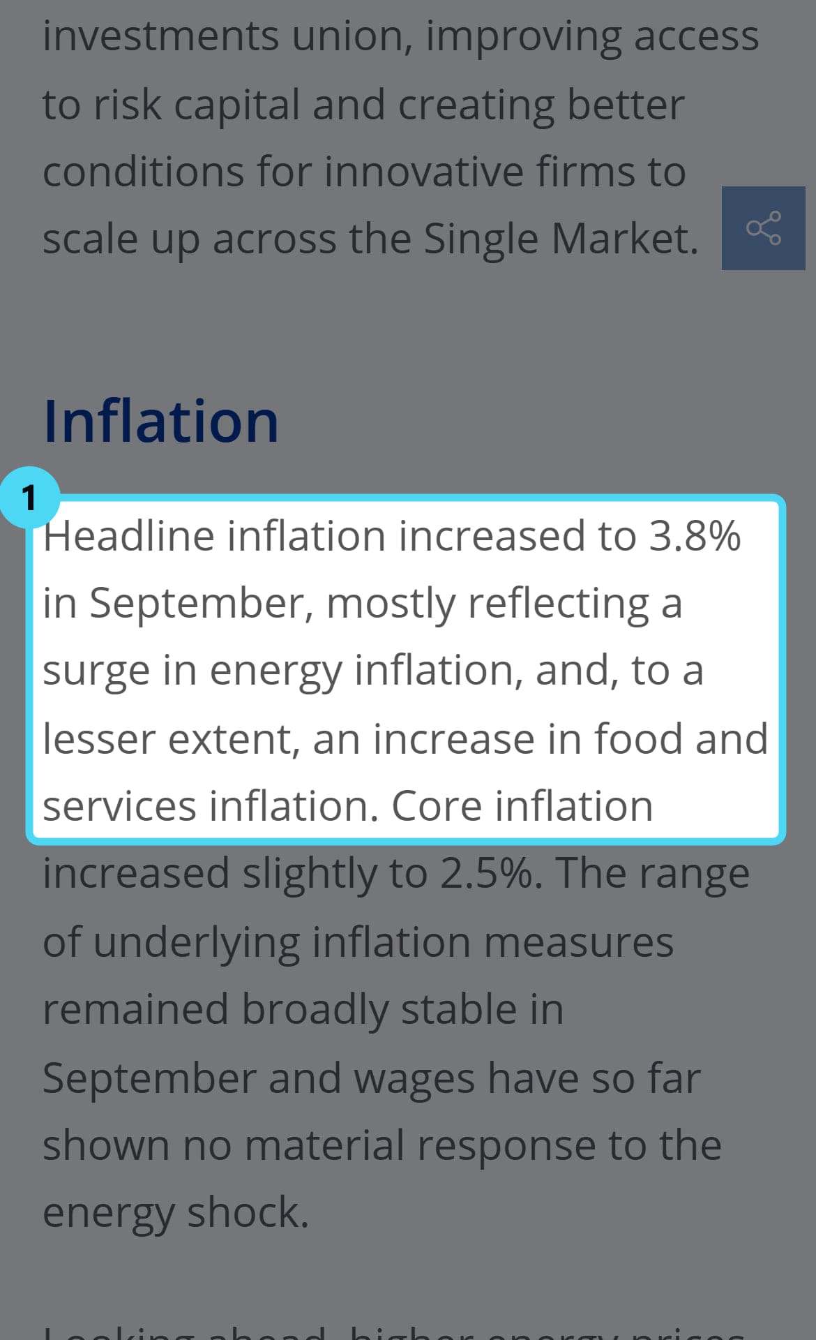 Screenshot of the www.ecb.europa.eu page with the cited passage highlighted