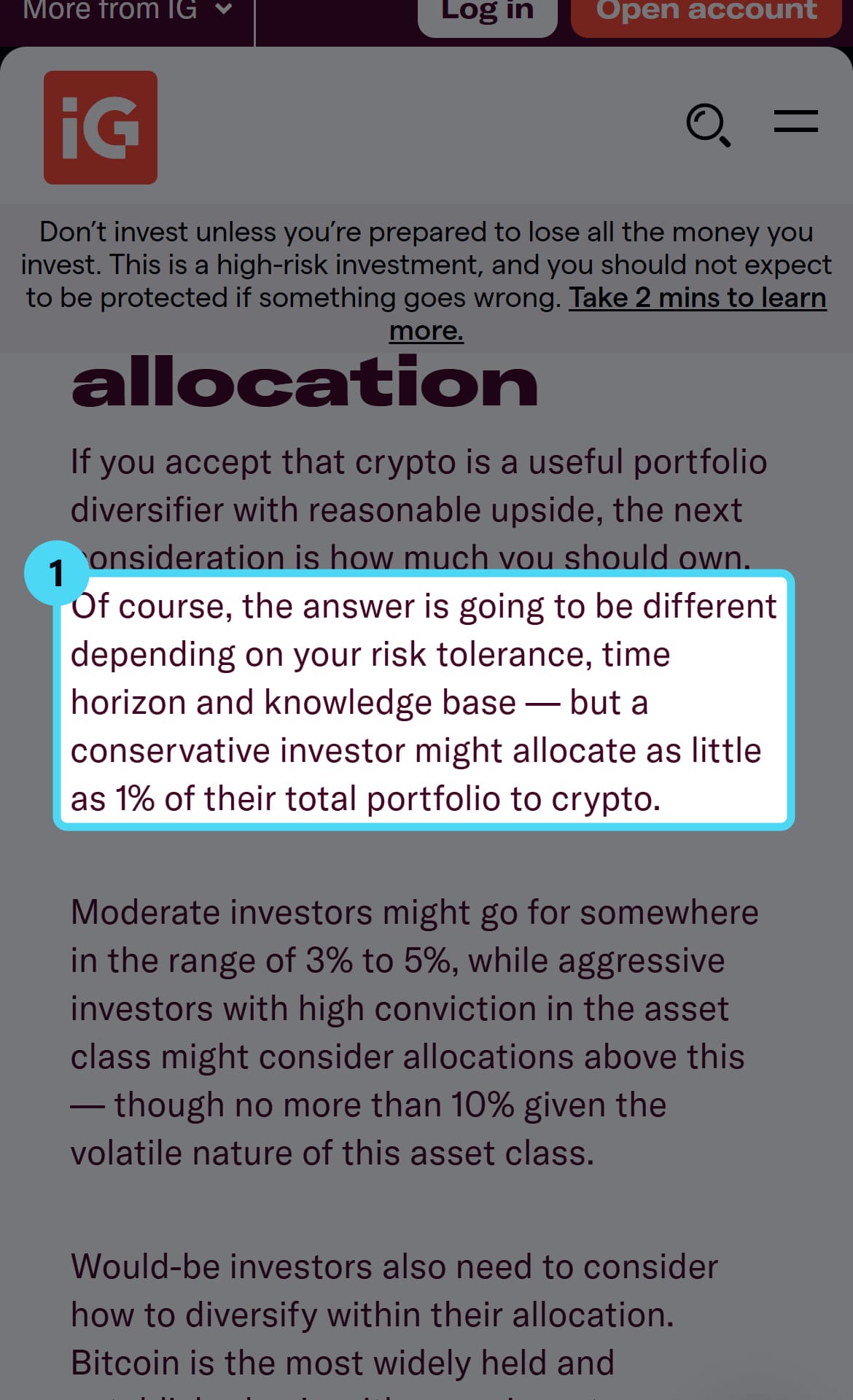 Screenshot of the www.ig.com page with the cited passage highlighted