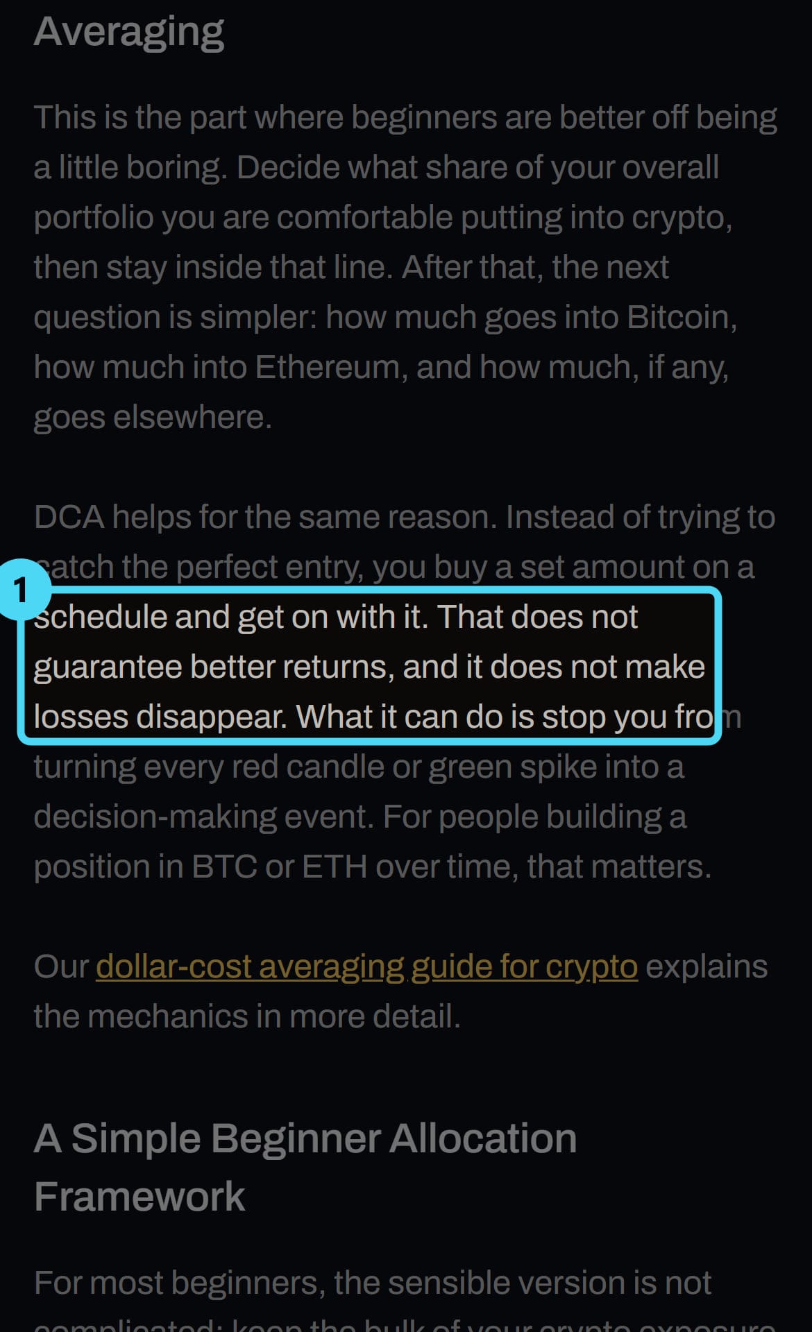 Screenshot of the coinbureau.com page with the cited passage highlighted