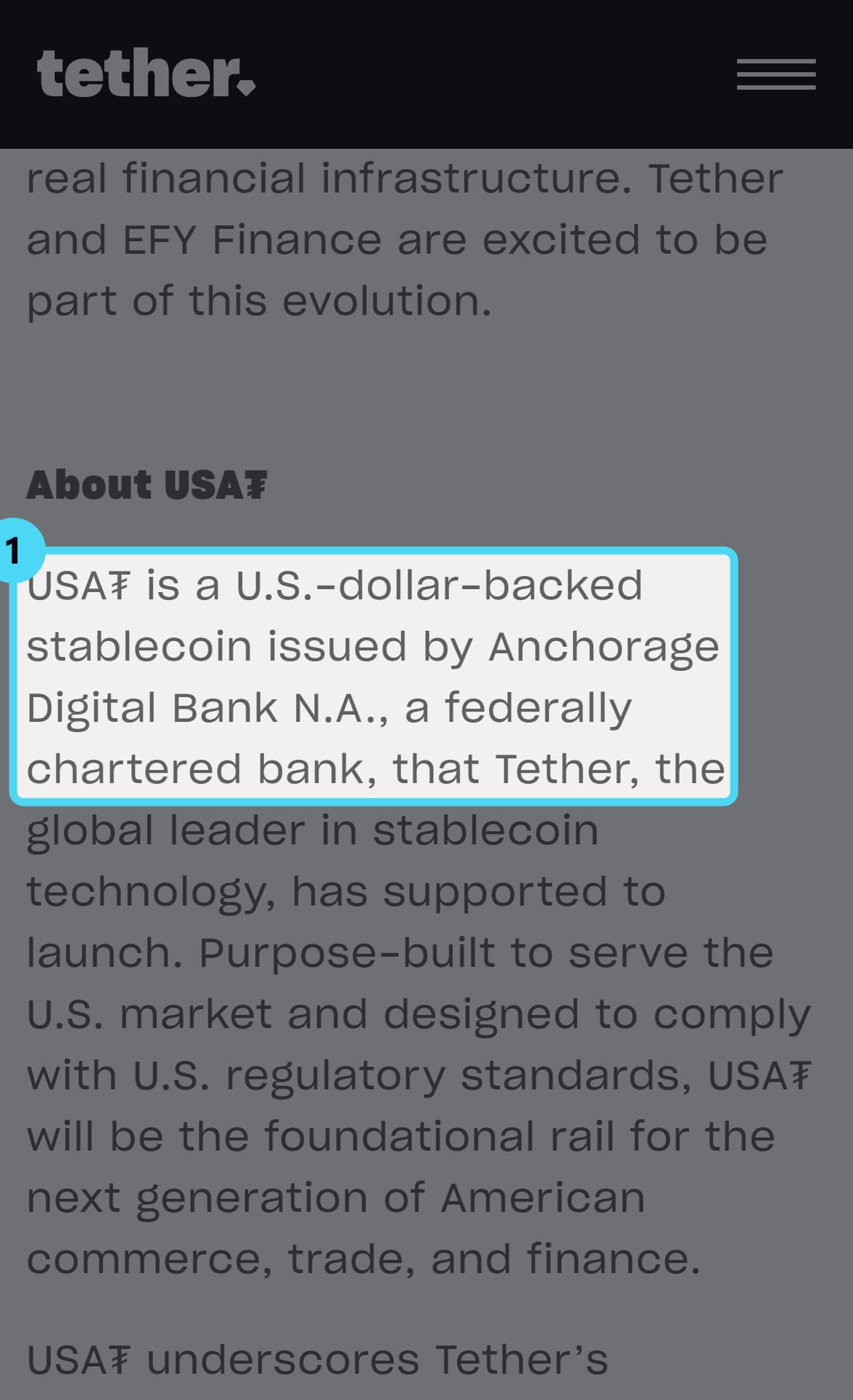 Screenshot of the tether.io page with the cited passage highlighted