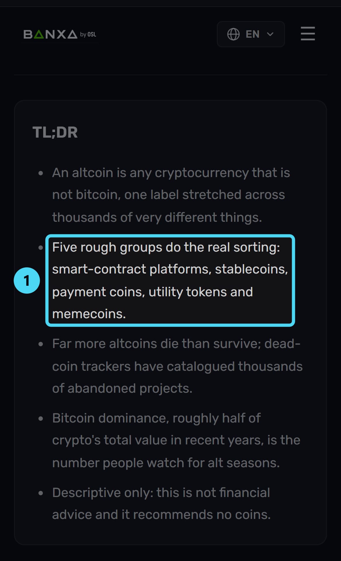 Screenshot of the banxa.com page with the cited passage highlighted