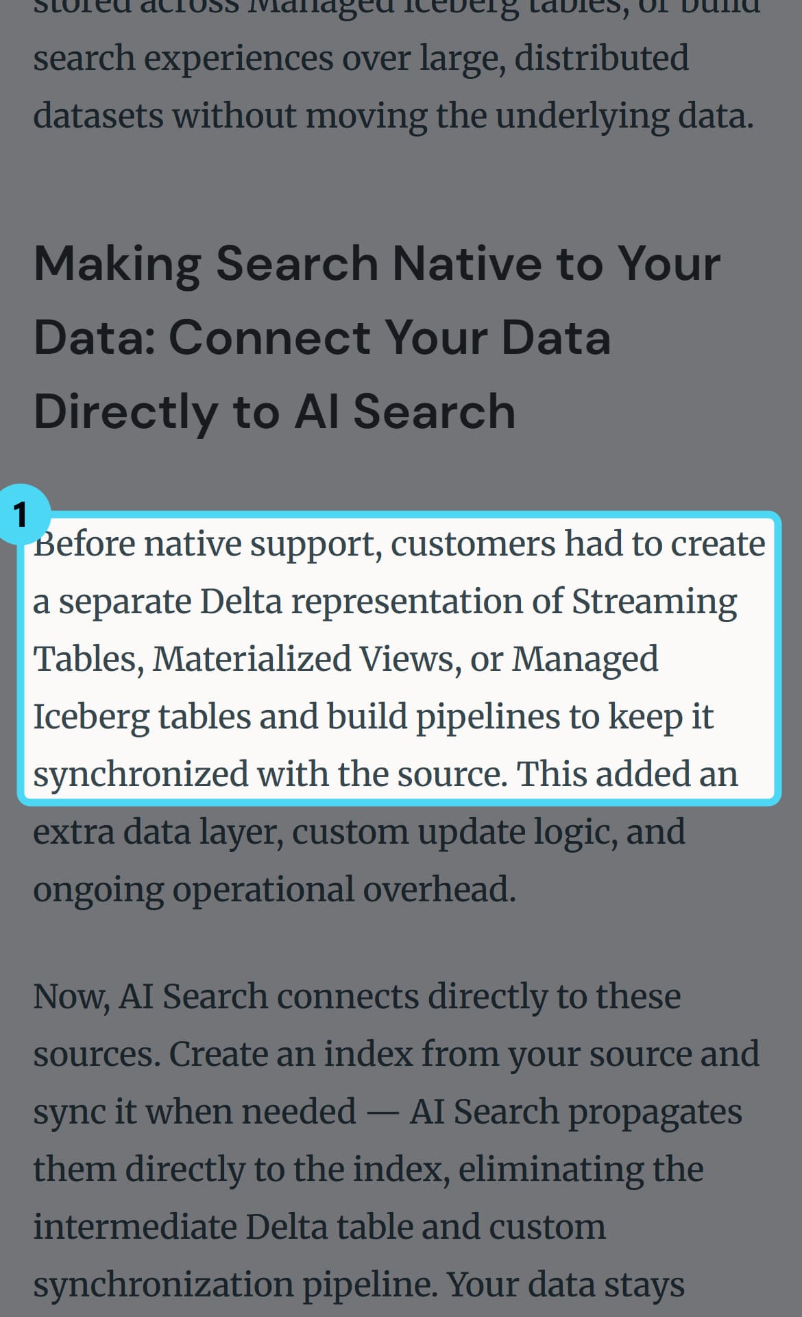 Screenshot of the www.databricks.com page with the cited passage highlighted