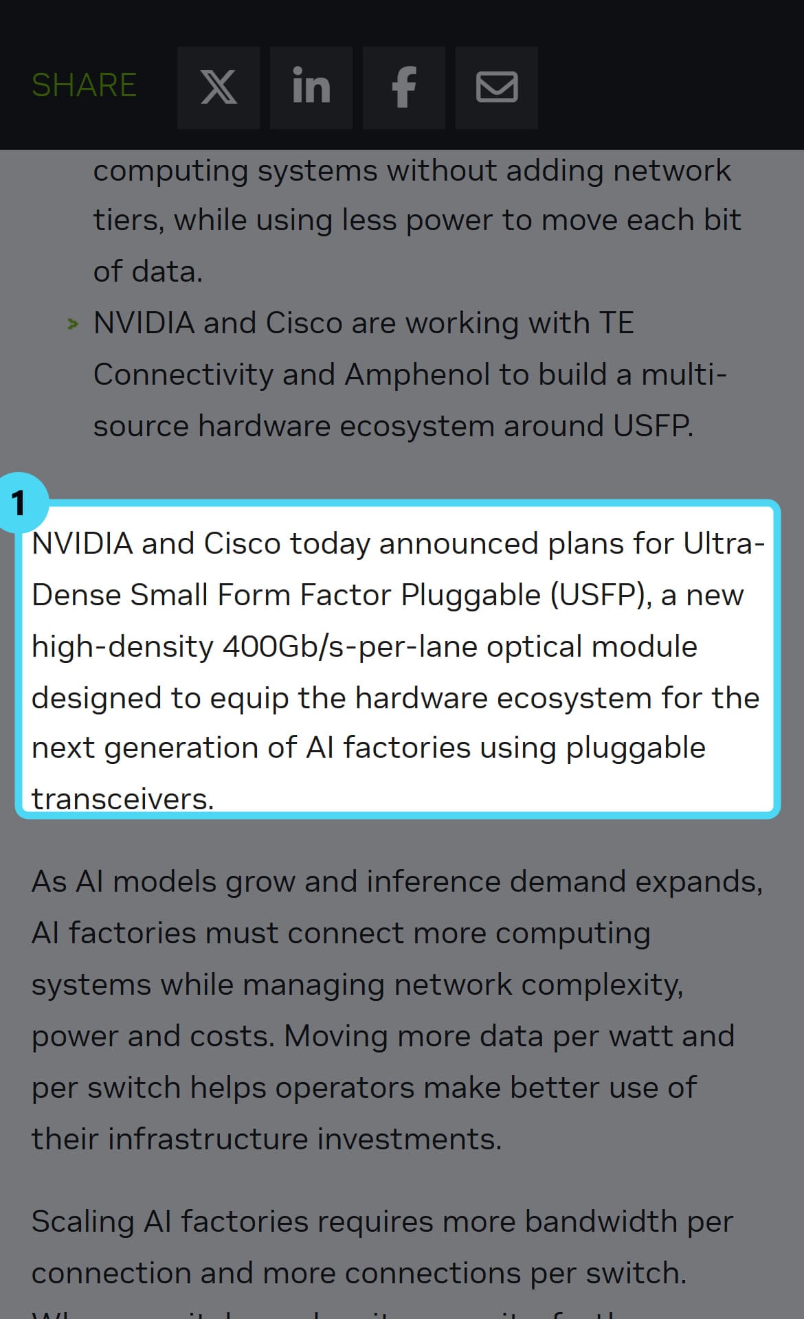 Screenshot of the nvidianews.nvidia.com page with the cited passage highlighted