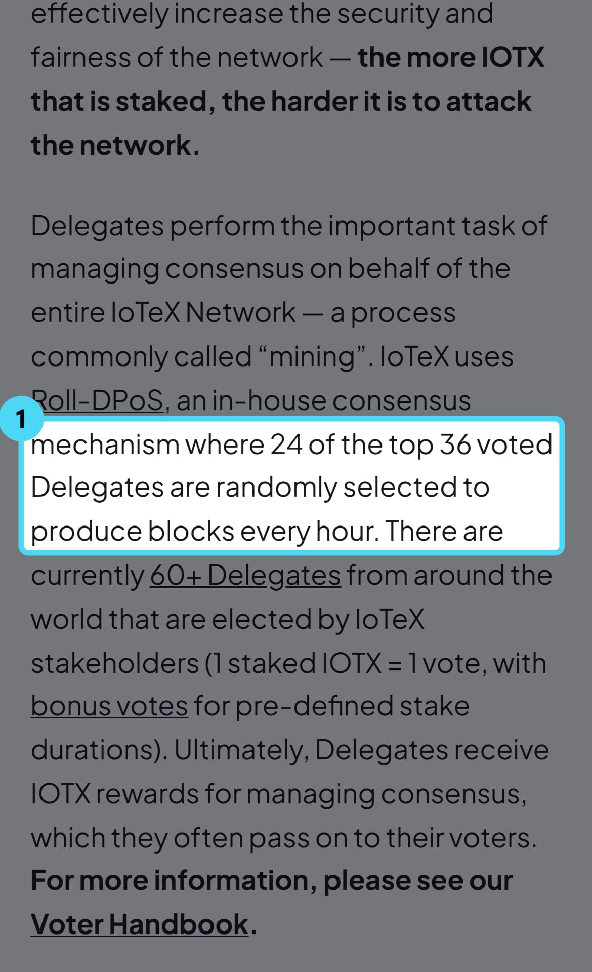 Screenshot of the blog.iotex.io page with the cited passage highlighted