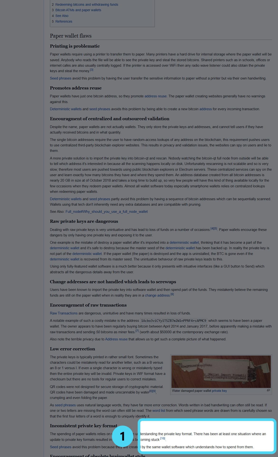 Screenshot of the en.bitcoin.it page with the cited passage highlighted