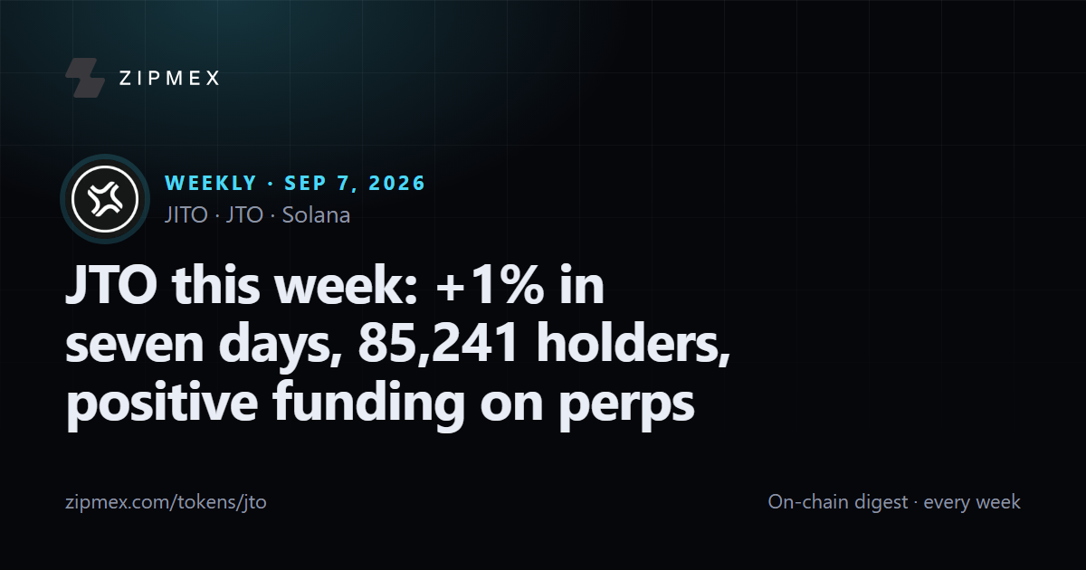 JTO this week: +1% in seven days, 85,241 holders, positive funding on perps