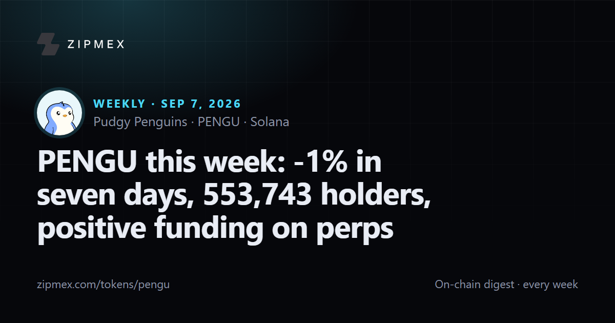 PENGU this week: -1% in seven days, 553,743 holders, positive funding on perps