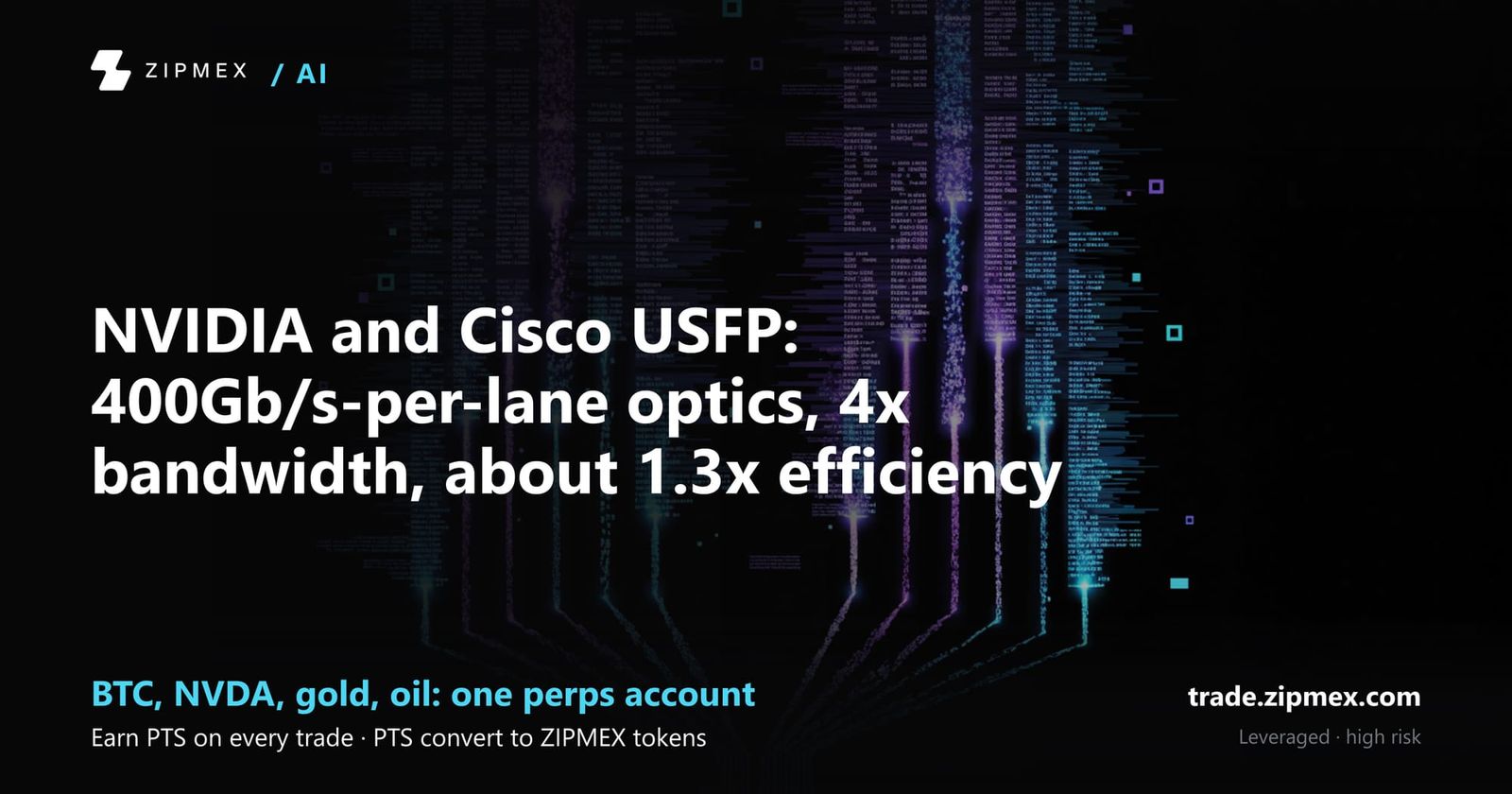 NVIDIA and Cisco USFP: 400Gb/s-per-lane optics, 4x bandwidth, about 1.3x efficiency