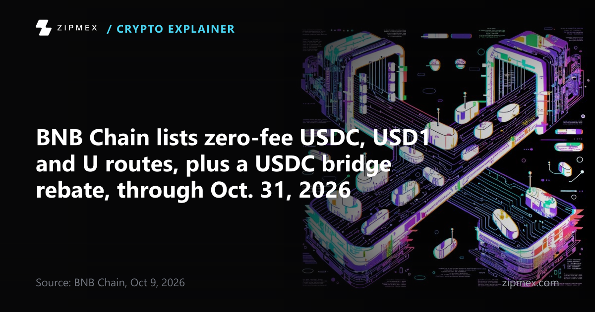 BNB Chain lists zero-fee USDC, USD1 and U routes, plus a USDC bridge rebate, through Oct. 31, 2026