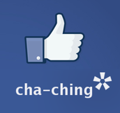 Facebook thumbs-up symbol with "cha-ching" and large asterisk