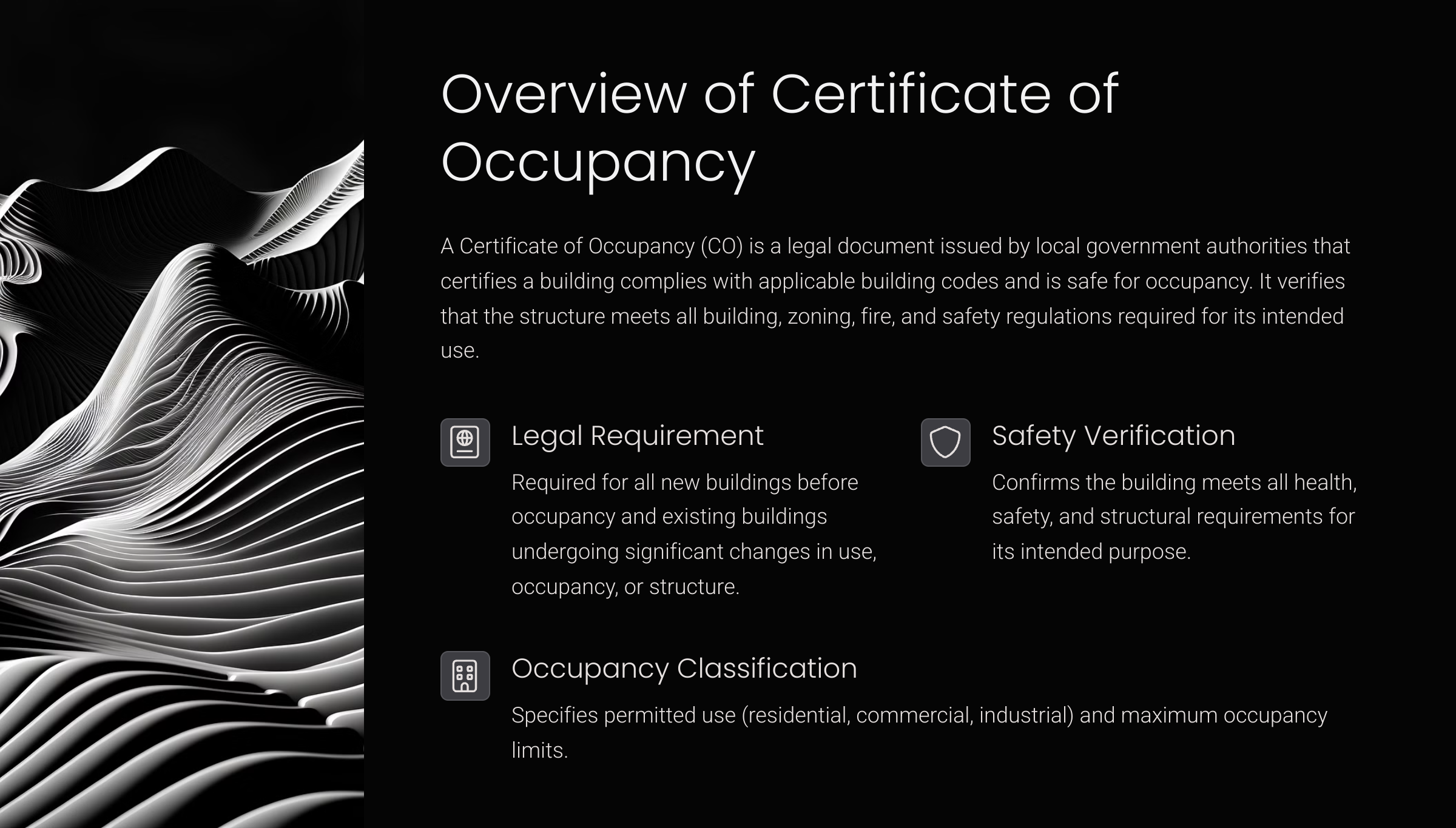 Overview of Certificate of Occupancy Chart detailing legal requirements, safety verification, and occupancy classification