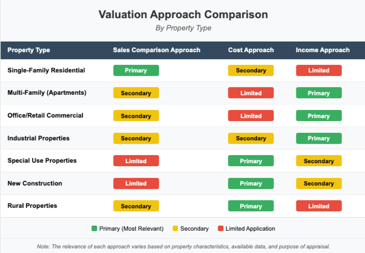 A Valuation Approach Comparison Chart by Property Type for Property Appraisals