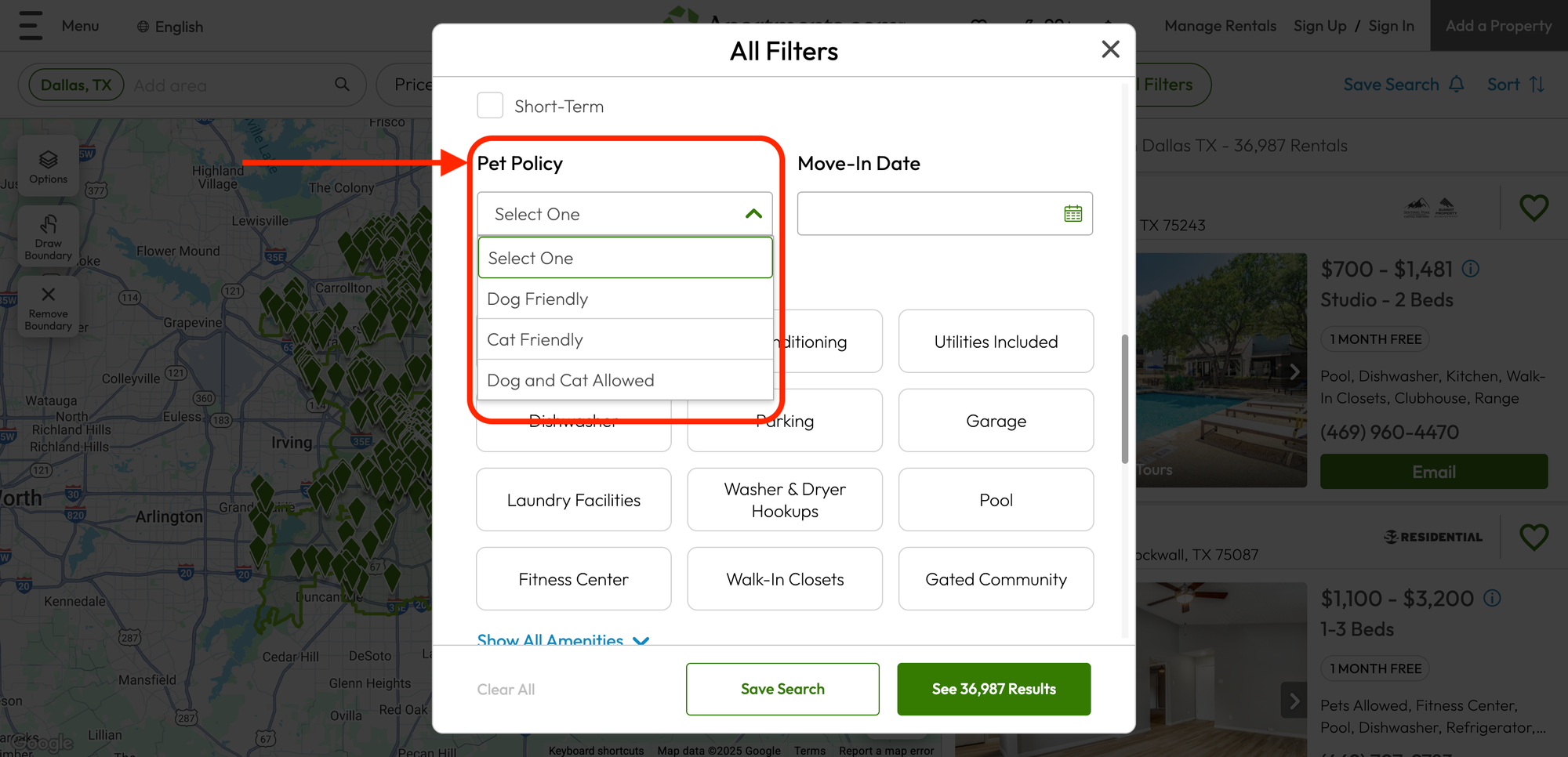 screenshot of the apartments.com website rental search box with a pet policy filter to only display rentals that allow pets
