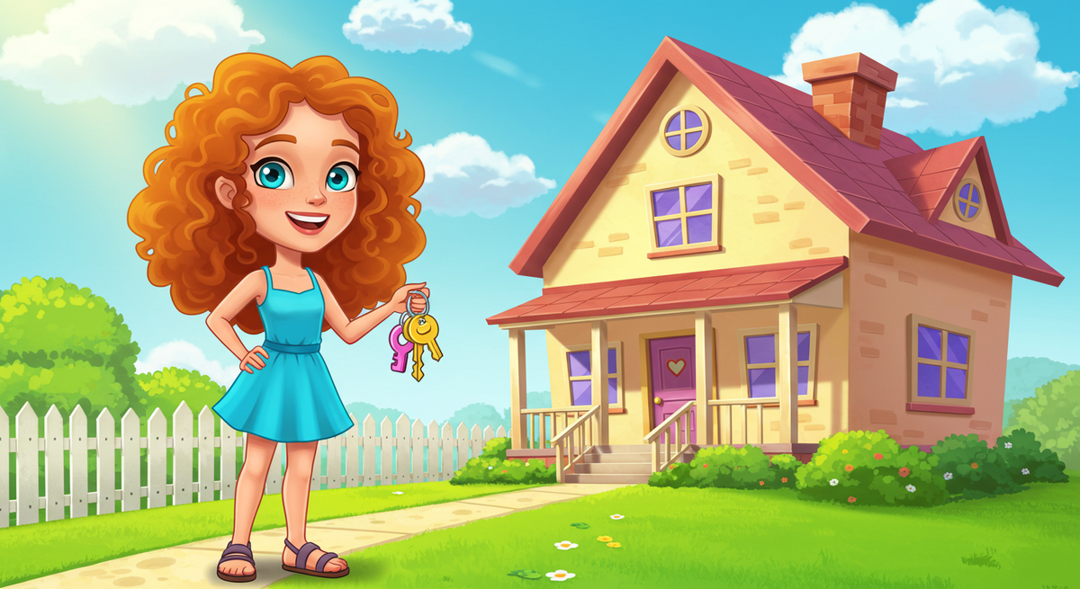 A happy tenant holding her keys up with a smile on her face outside of her rental home