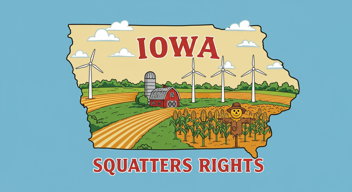 Iowa Squatters Rights text on outline of the state of Iowa