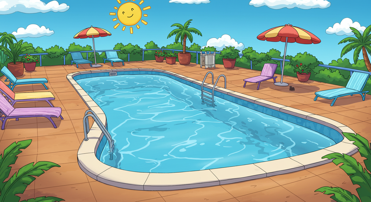 A cartoon-style image of an in-ground swimming pool with lounge chairs at a rental property