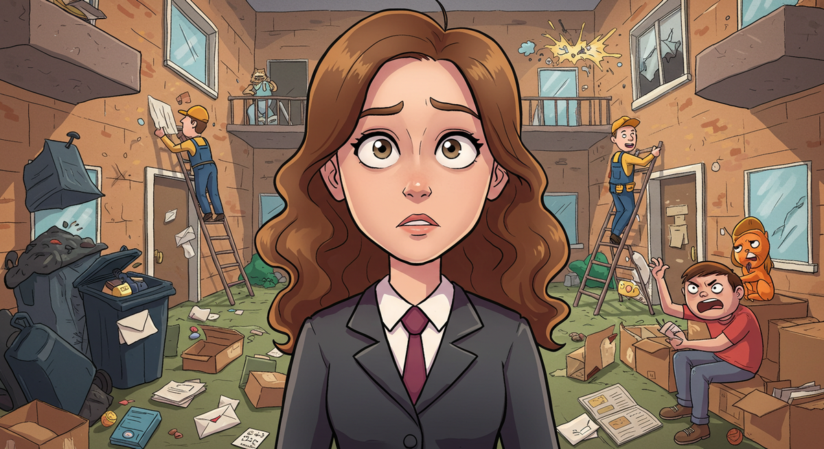 A lady with a confused look and chaos at a rental property in the background