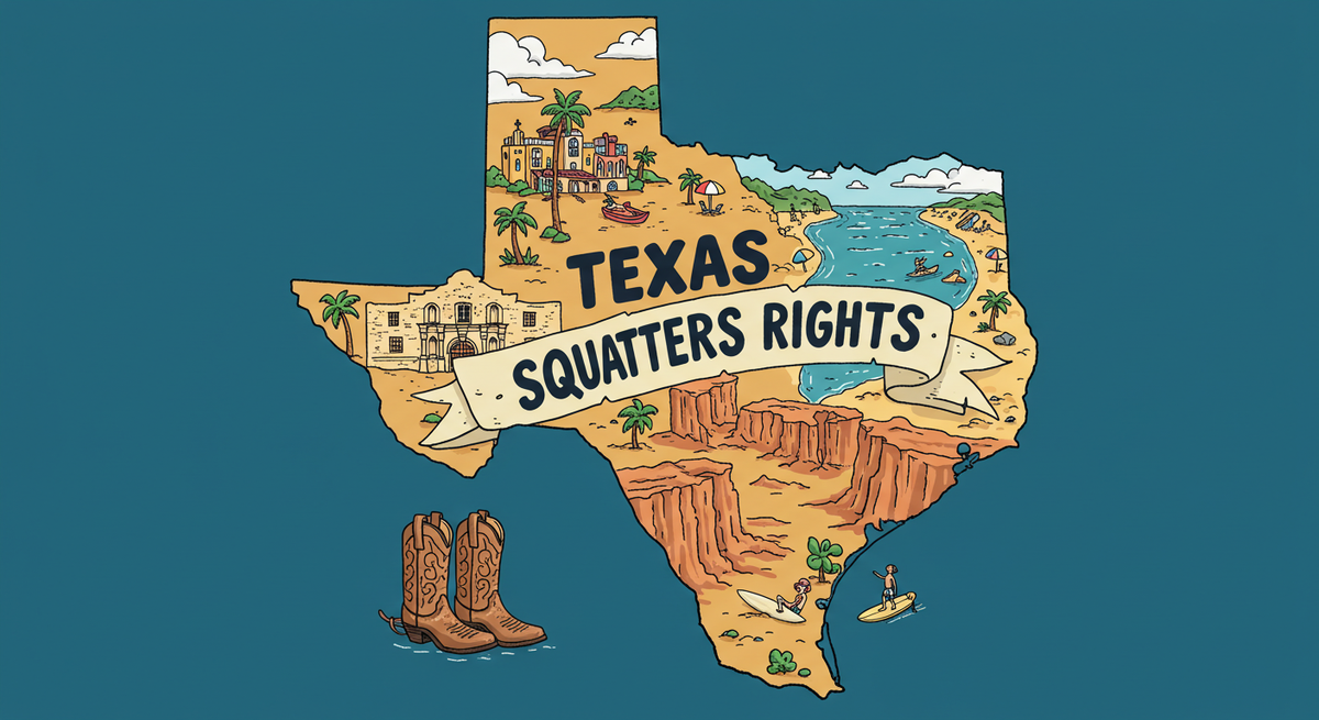 Texas Squatters Rights text over images of Texas scenery like rivers, canoes, canyons, the Alamo