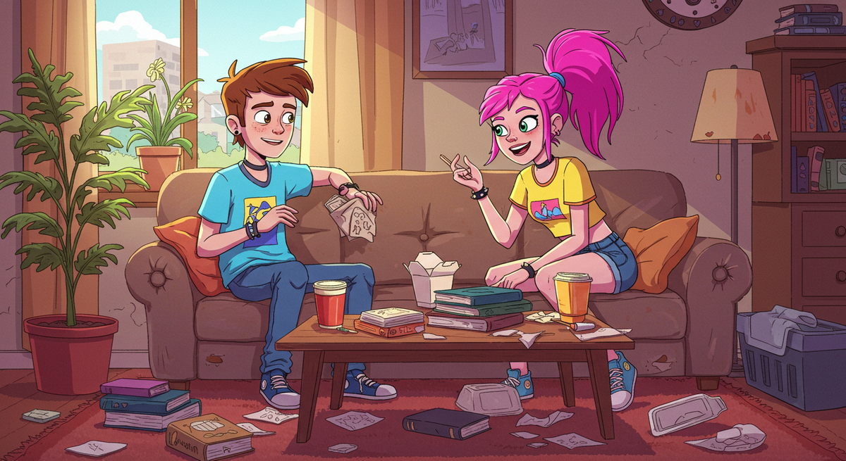 cartoon-style, co-applicant renters sitting on a sofa in a messy living room laughing and talking