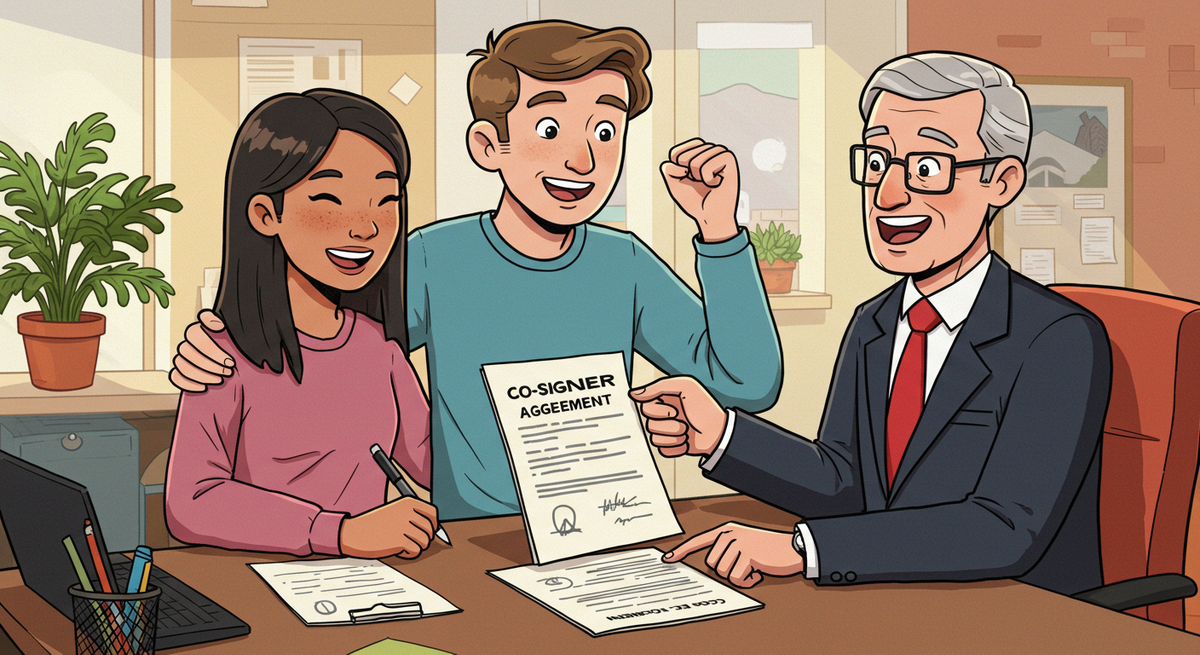 Two young people having an older person signing a co-signer agreement with them