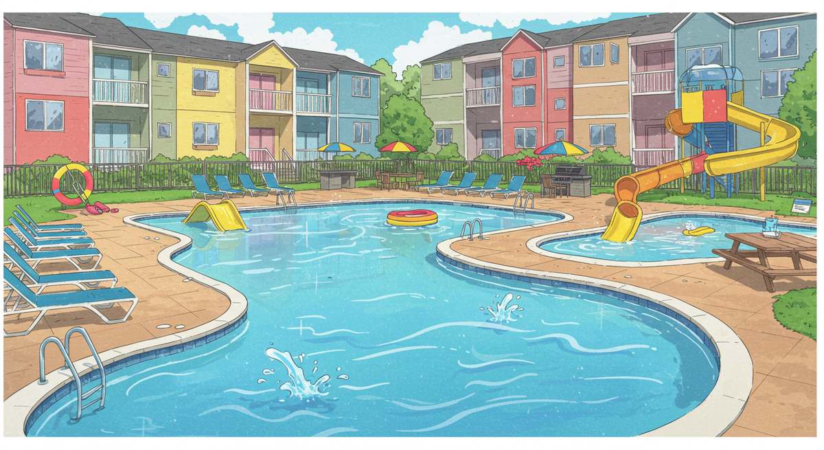 A large community pool common area surrounded by apartments