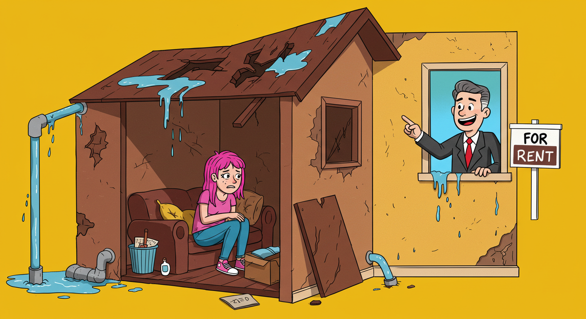 A woman sitting in a broken down rental house with the landlord pointing a finger insinuating that she needs to move out