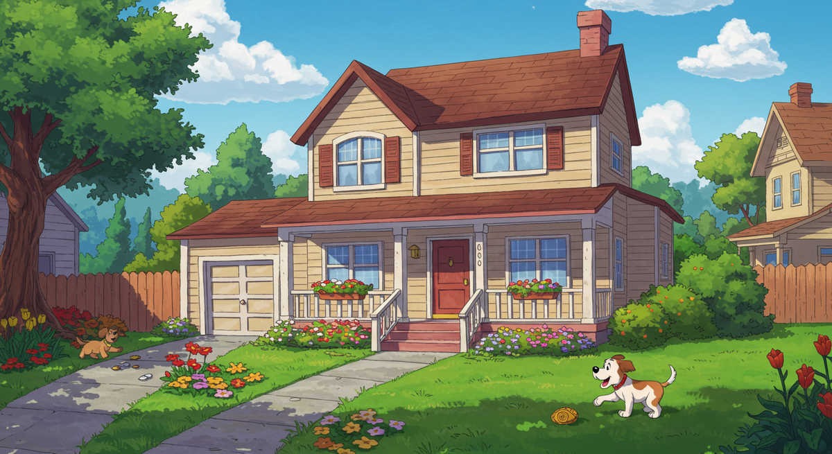 A beautiful two-story house with a garage, garden beds, green, well-manicured grass with two dogs out front