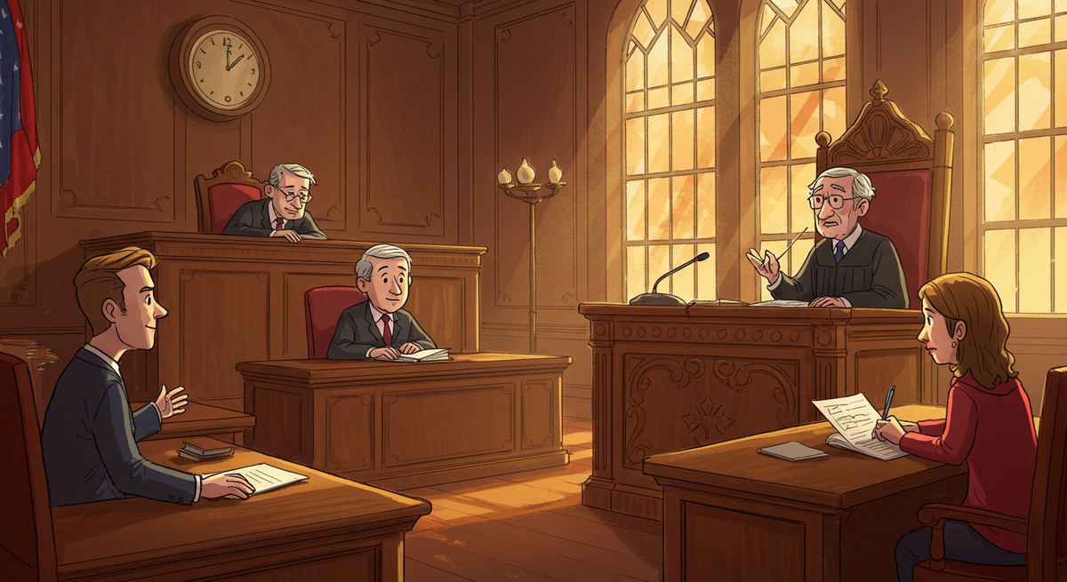 A courtroom with a judge listening to oral arguments from property manager about tenants eviction