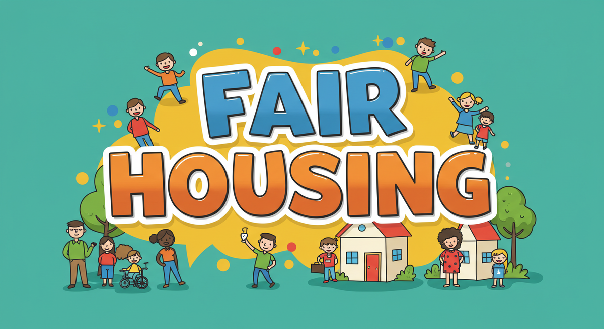 Families, kids, parents of various ethnicities playing and smiling with houses and trees around them illustrating fair housing