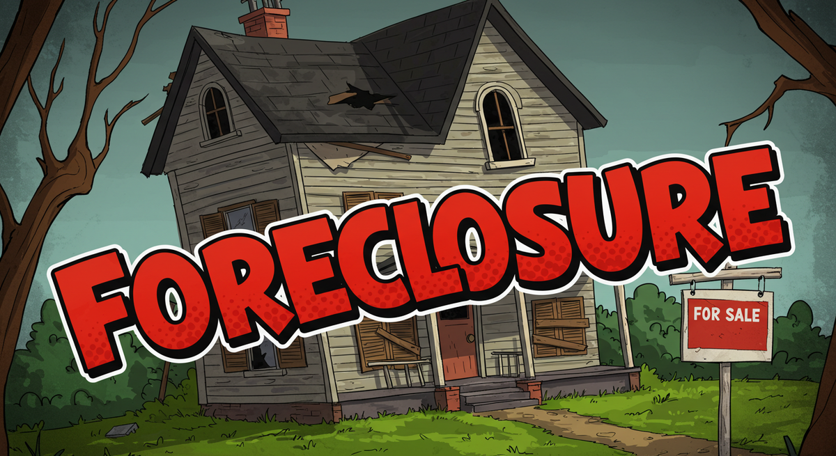 The word Foreclosure in cartoon-style text over a dilapidated house with a for sale sign out front 