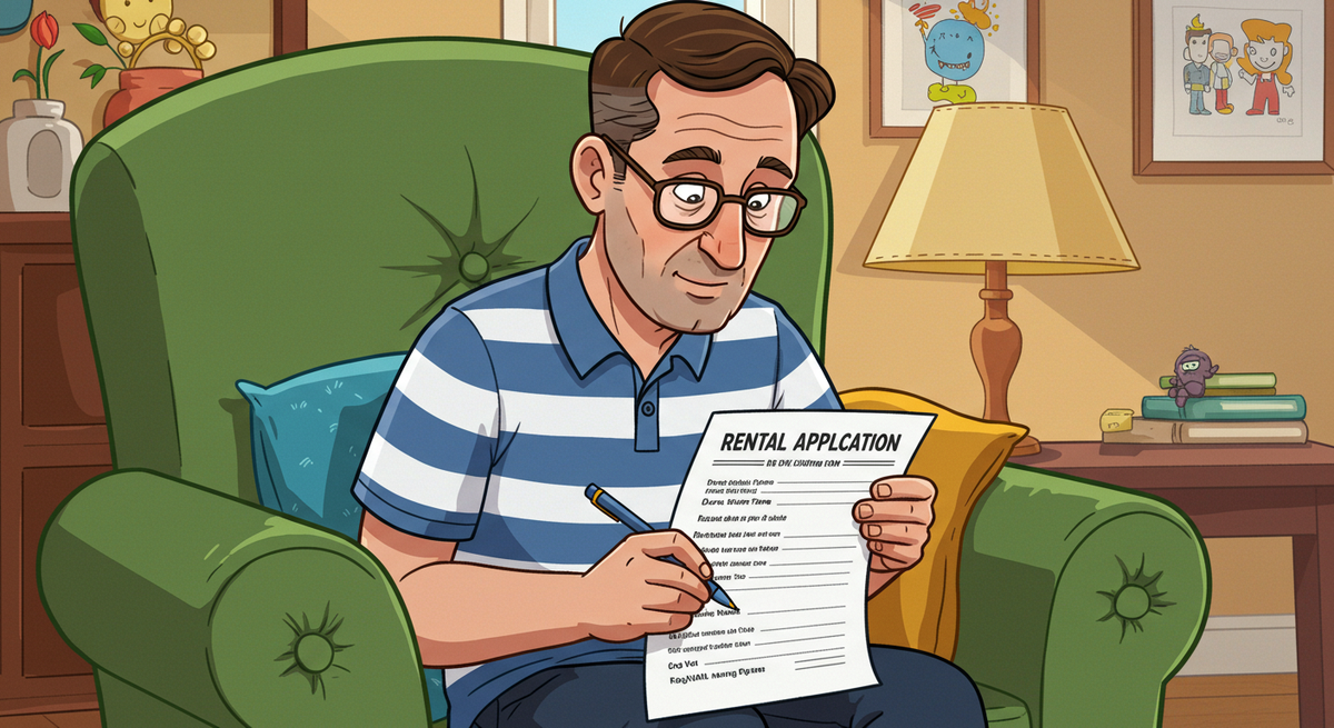 A man sitting down in a green chair reading the back of a rental application while holding a pen in his hand