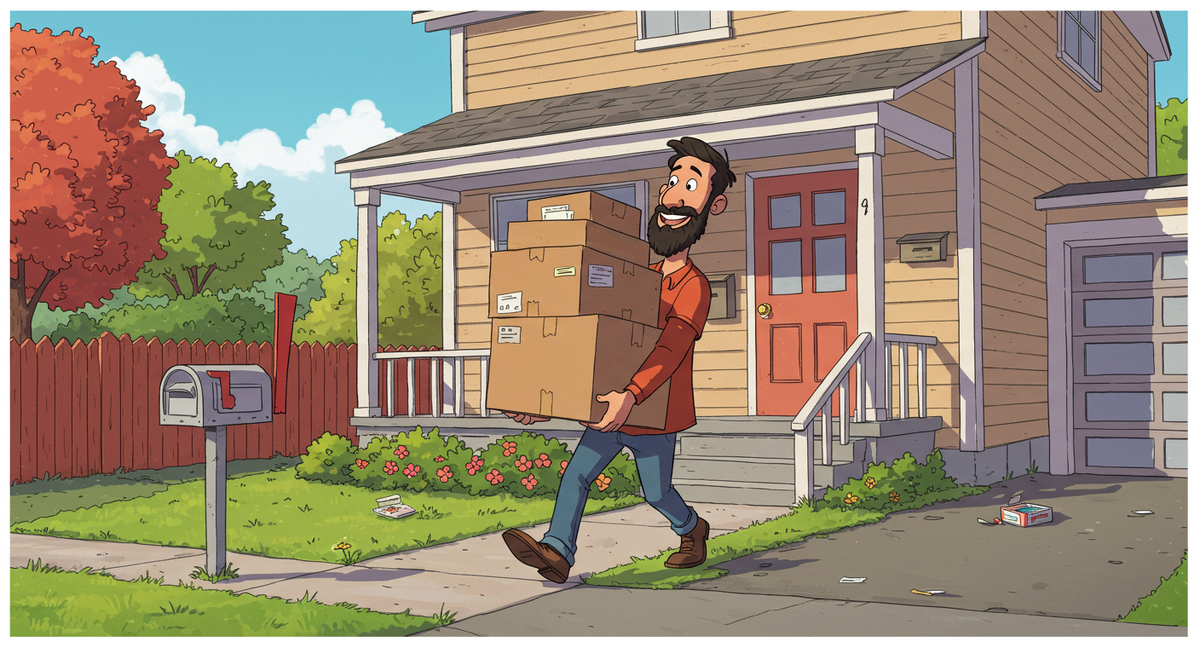 A tenant carrying boxes out of a rental property with a smile on his face, happy to be leaving his rental