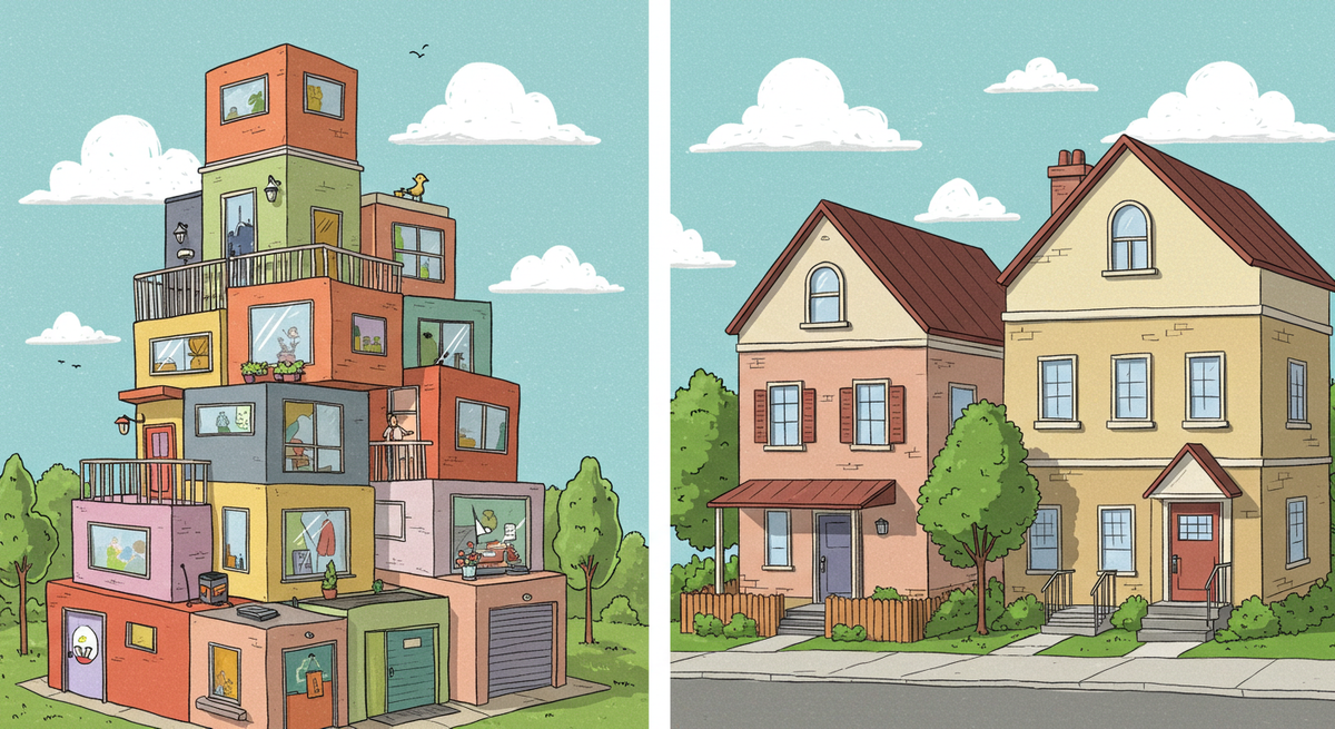 Condos all stacked on top of each other like a pyramid on one side with townhouses on the other as a comparison between the two