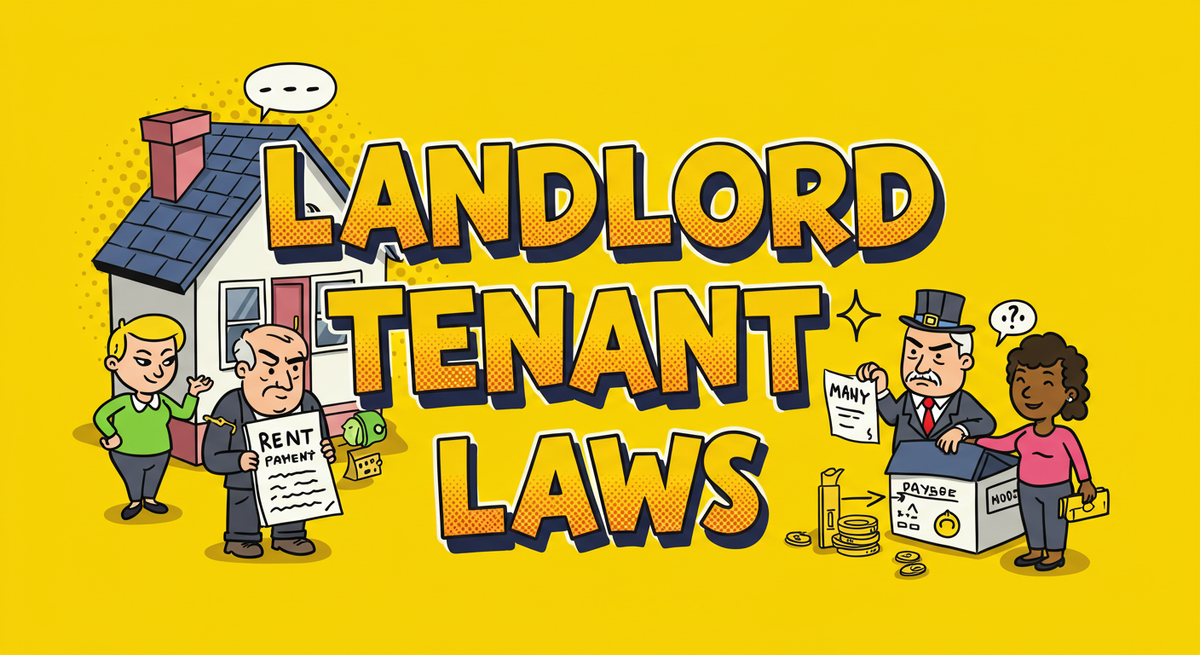 Tenants, lawyers and landlords arguing with the words Landlord Tenant Laws overlayed