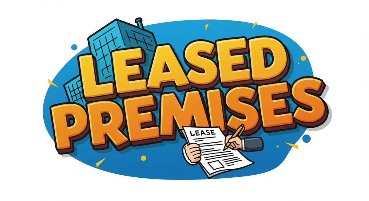 Cartoon-style words saying Leased Premises with a lease document and a hand signing it overlayed on top