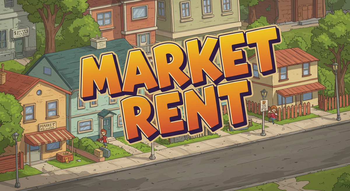 An aerial view of a neighborhood of residential homes with the words Market Rent overlayed on top
