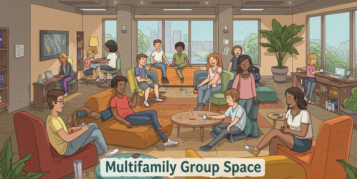 A group of young adults hanging out in a rental community's indoor common area