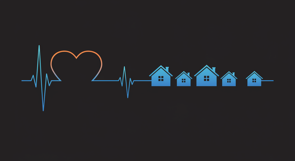a heart with a pulse line going through single family home rental building icons