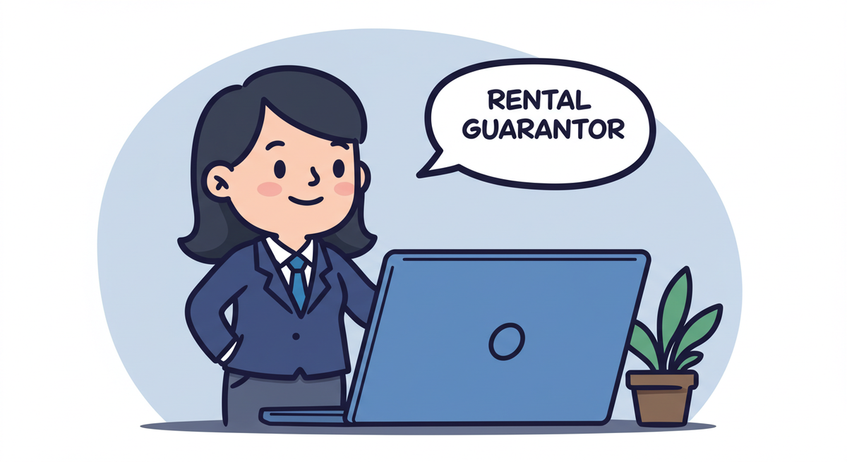 A woman in a suit standing in front of a laptop on a desk saying Rental Guarantor