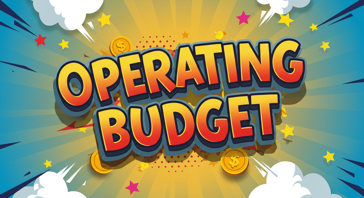 Cartoon-style words saying Operating Budget overlayed on coins with dollar signs in the backdrop
