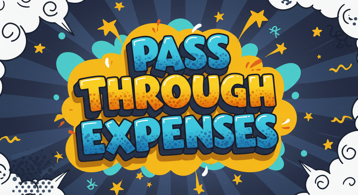 Cartoon style illustration of the words Pass Through Expenses overlayed on a dark blue, light blue and yellow cartoon speech bubble