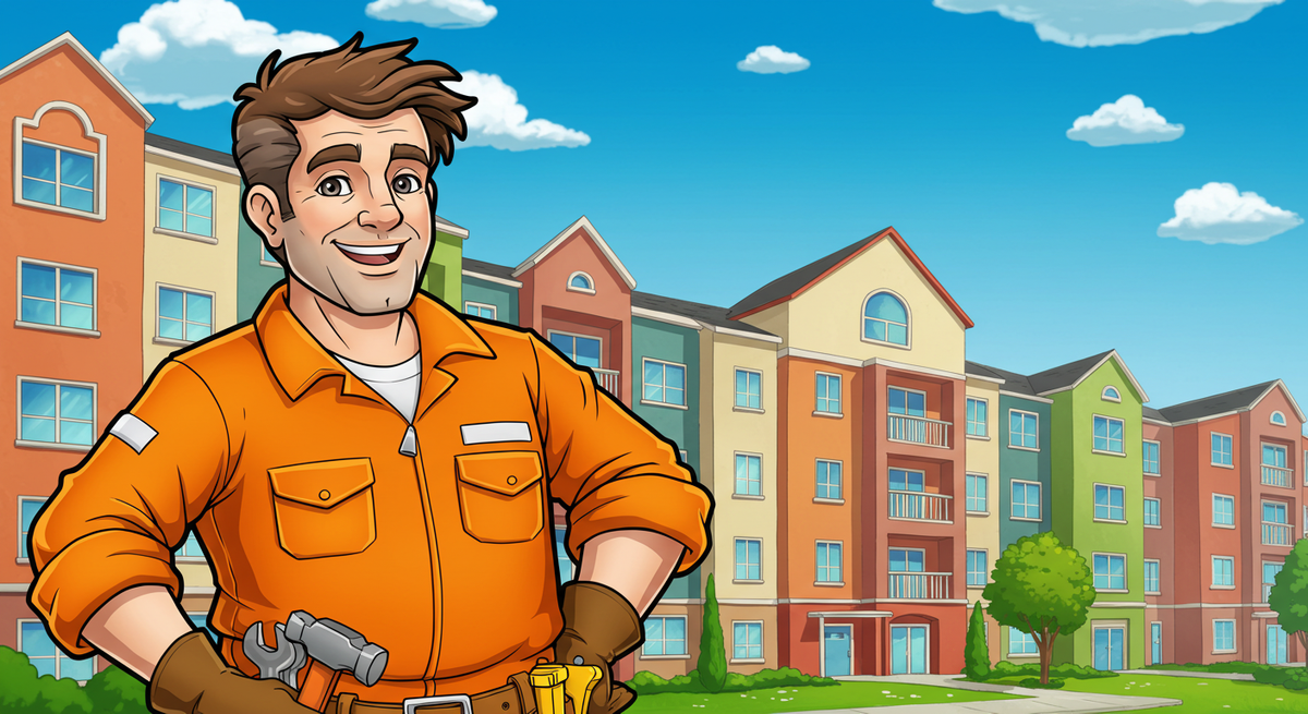 A cartoon-style vendor with a tool belt standing outside of an apartment community